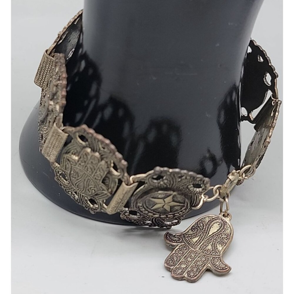Morocco Souvenir Bracelet Hashi Hand Elephants Stars Nimcha Sword Links Vtg - Picture 2 of 10